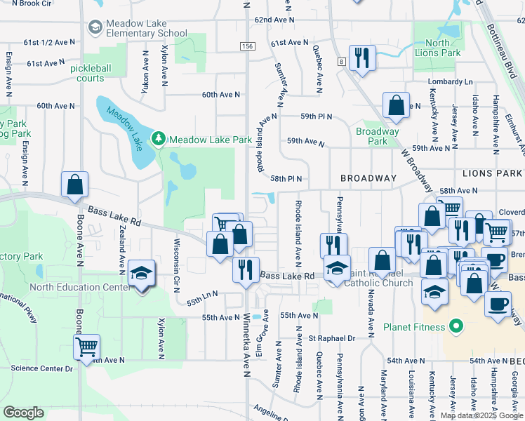 map of restaurants, bars, coffee shops, grocery stores, and more near 5704 Winnetka Avenue North in New Hope
