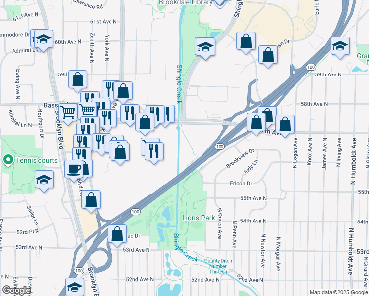 map of restaurants, bars, coffee shops, grocery stores, and more near 2501 Co Road in Brooklyn Center