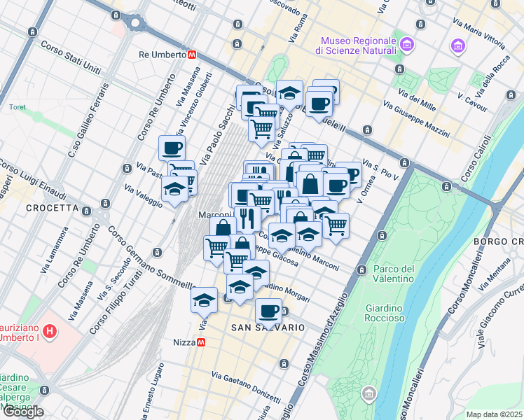 map of restaurants, bars, coffee shops, grocery stores, and more near 9 Corso Guglielmo Marconi in Turin