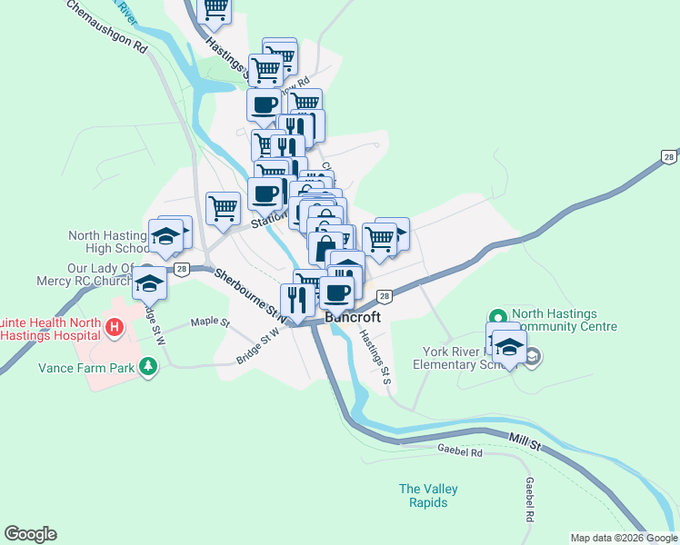 map of restaurants, bars, coffee shops, grocery stores, and more near 35 Hastings Street North in Bancroft