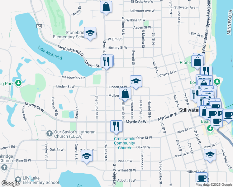 map of restaurants, bars, coffee shops, grocery stores, and more near 230 William Street South in Stillwater