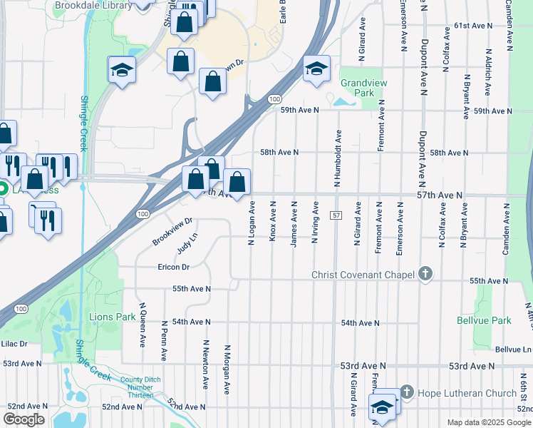 map of restaurants, bars, coffee shops, grocery stores, and more near 5611 Knox Avenue North in Minneapolis