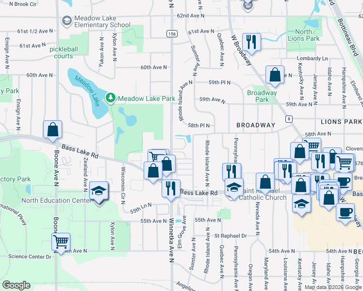 map of restaurants, bars, coffee shops, grocery stores, and more near 5704 Winnetka Avenue North in New Hope