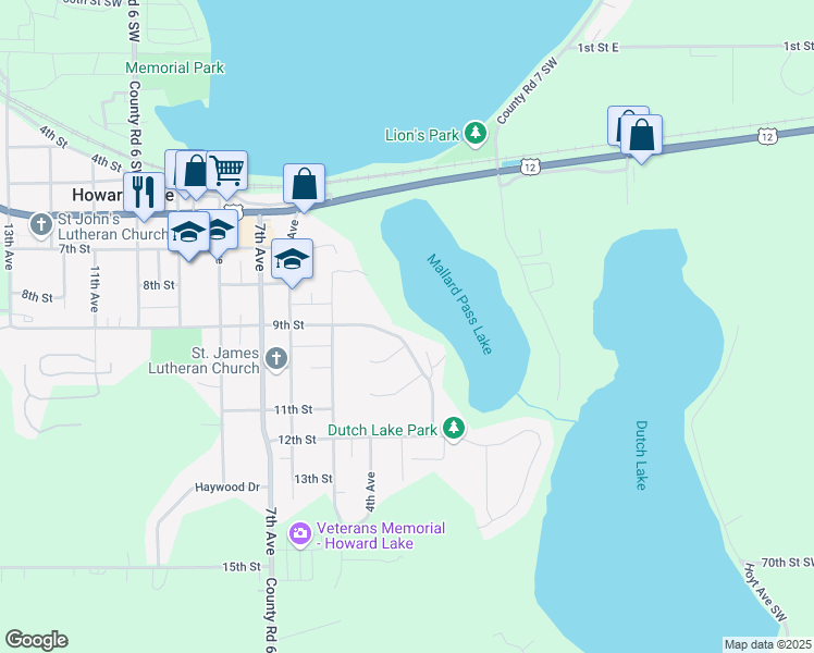 map of restaurants, bars, coffee shops, grocery stores, and more near 310 9th Street in Howard Lake