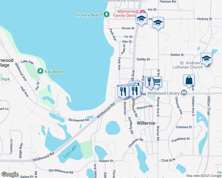 map of restaurants, bars, coffee shops, grocery stores, and more near 92 Wildwood Beach Road in Saint Paul