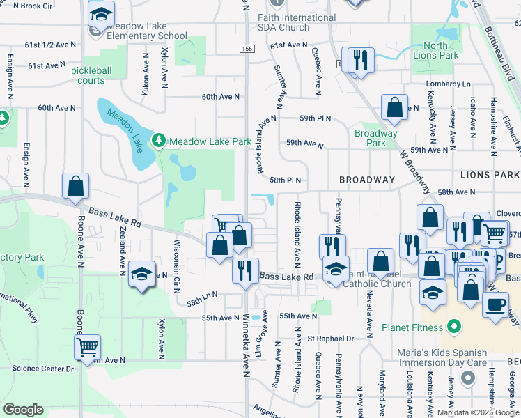 map of restaurants, bars, coffee shops, grocery stores, and more near 5700 Winnetka Avenue North in Minneapolis