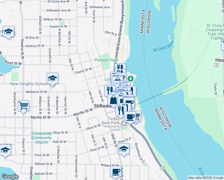 map of restaurants, bars, coffee shops, grocery stores, and more near 225 2nd Street North in Stillwater