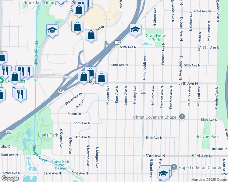 map of restaurants, bars, coffee shops, grocery stores, and more near 5611 Knox Avenue North in Minneapolis