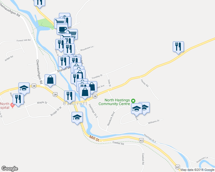 map of restaurants, bars, coffee shops, grocery stores, and more near 37 Flint Avenue in Bancroft