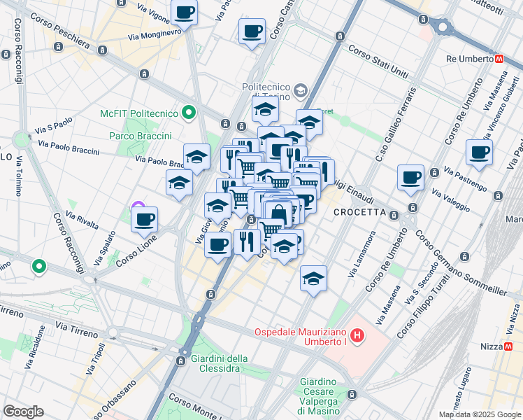 map of restaurants, bars, coffee shops, grocery stores, and more near 44-46 Via Amerigo Vespucci in Torino