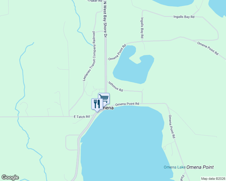 map of restaurants, bars, coffee shops, grocery stores, and more near 3141 Omena Point Road in Northport