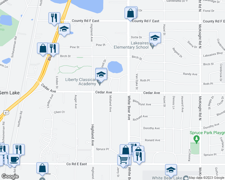 map of restaurants, bars, coffee shops, grocery stores, and more near 3848 Midland Avenue in White Bear Lake