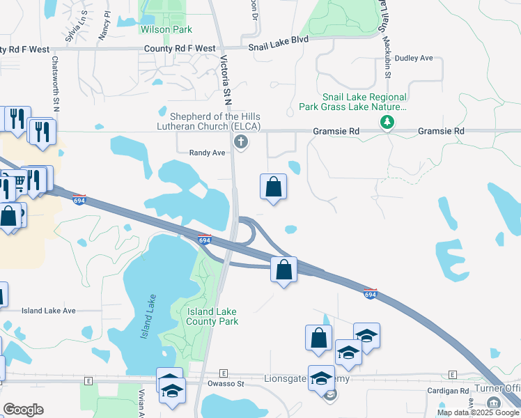 map of restaurants, bars, coffee shops, grocery stores, and more near 3850 Victoria Street North in Shoreview