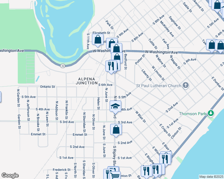 map of restaurants, bars, coffee shops, grocery stores, and more near 468 North Ripley Boulevard in Alpena