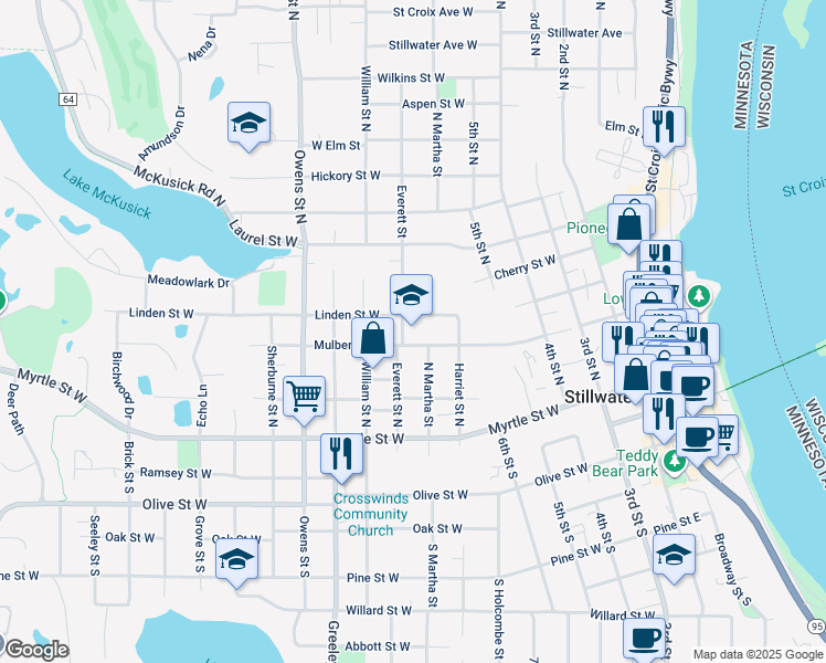 map of restaurants, bars, coffee shops, grocery stores, and more near 614 Mulberry Street West in Stillwater