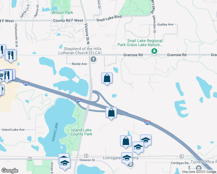 map of restaurants, bars, coffee shops, grocery stores, and more near 3850 Victoria Street North in Shoreview