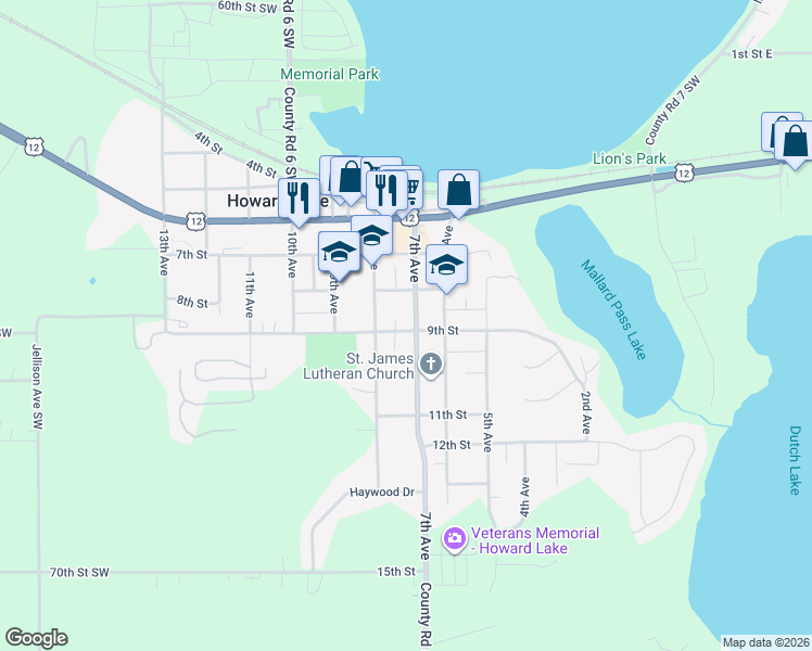 map of restaurants, bars, coffee shops, grocery stores, and more near 825 7th Avenue in Howard Lake
