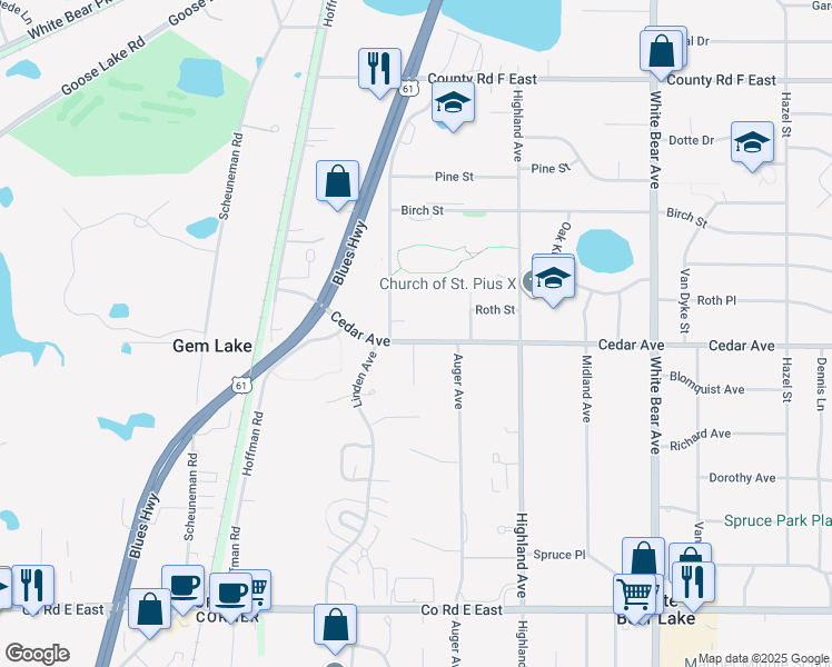 map of restaurants, bars, coffee shops, grocery stores, and more near 1817 Cedar Avenue in White Bear Lake