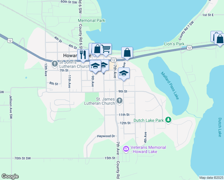 map of restaurants, bars, coffee shops, grocery stores, and more near 716 8th Avenue in Howard Lake