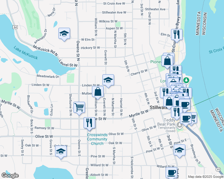 map of restaurants, bars, coffee shops, grocery stores, and more near 614 Mulberry Street West in Stillwater