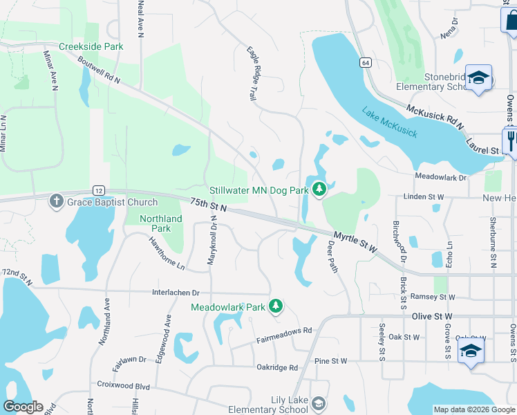 map of restaurants, bars, coffee shops, grocery stores, and more near 162 Boutwell Court North in Stillwater