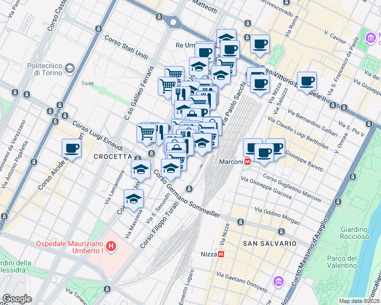 map of restaurants, bars, coffee shops, grocery stores, and more near 50 Via San Secondo in Turin