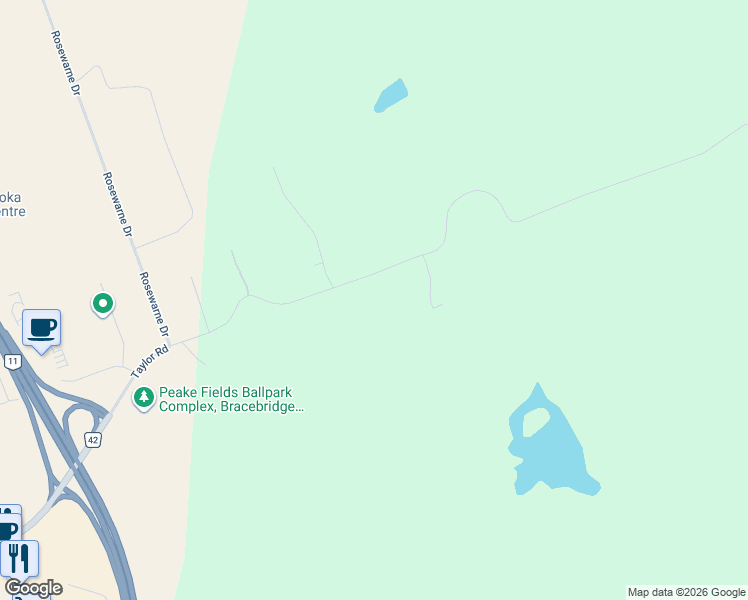map of restaurants, bars, coffee shops, grocery stores, and more near 1124 Taylor Road in Bracebridge