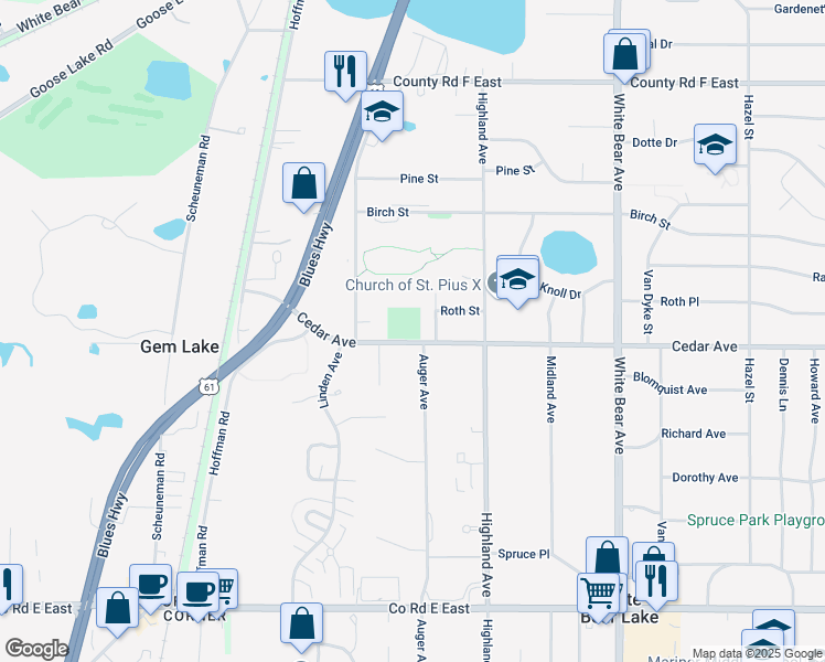 map of restaurants, bars, coffee shops, grocery stores, and more near 3900 Linden Street in White Bear Lake