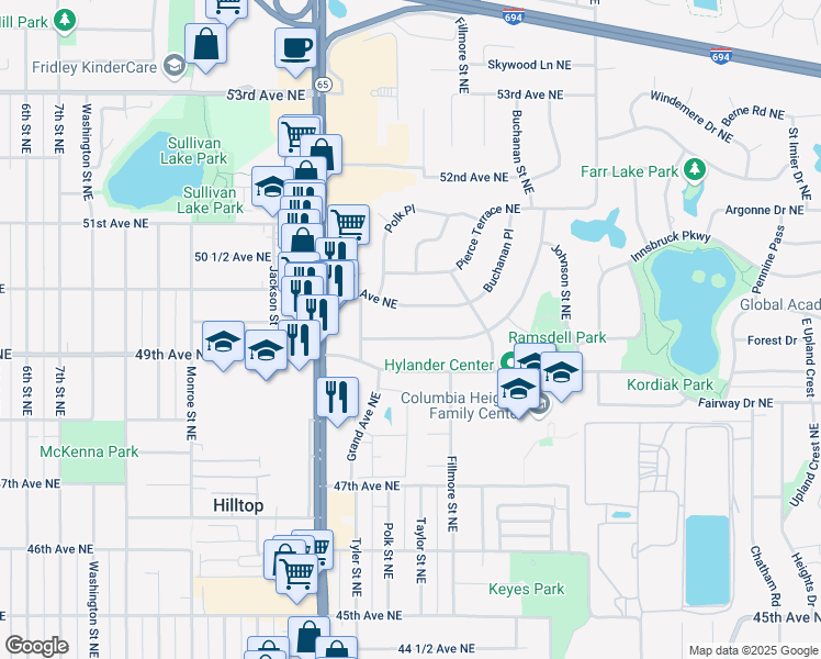 map of restaurants, bars, coffee shops, grocery stores, and more near 1100 50th Avenue Northeast in Minneapolis