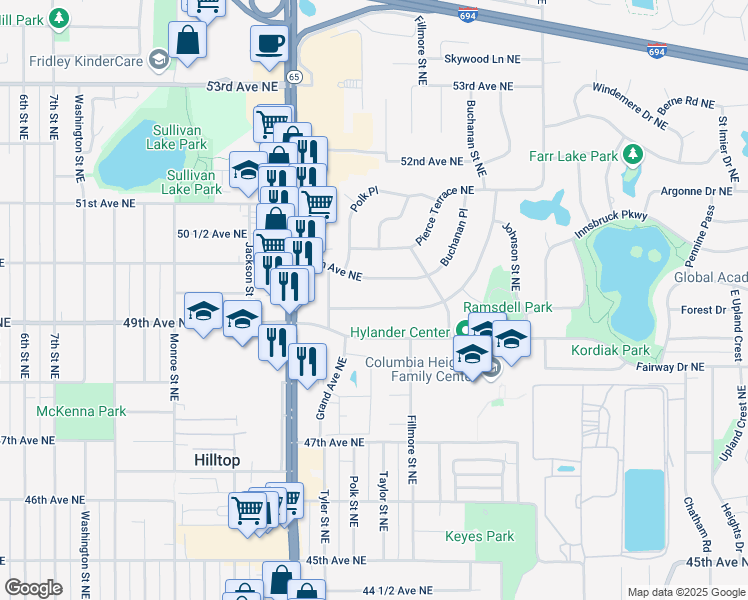 map of restaurants, bars, coffee shops, grocery stores, and more near 1100 50th Avenue Northeast in Minneapolis