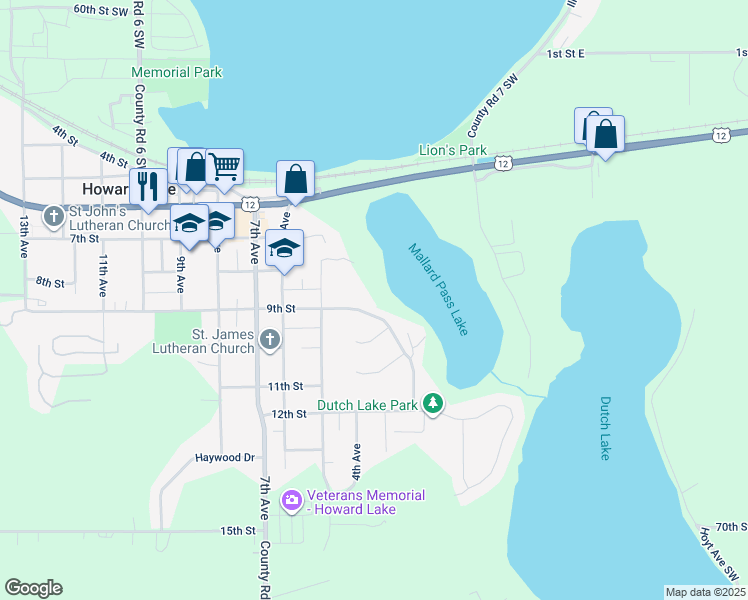 map of restaurants, bars, coffee shops, grocery stores, and more near 325 9th Street in Howard Lake