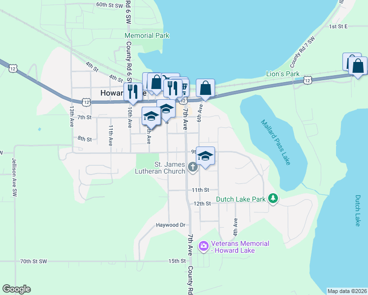 map of restaurants, bars, coffee shops, grocery stores, and more near 821 7th Avenue in Howard Lake