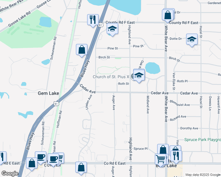 map of restaurants, bars, coffee shops, grocery stores, and more near 1821 Cedar Avenue in White Bear Lake