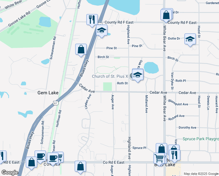 map of restaurants, bars, coffee shops, grocery stores, and more near 1821 Cedar Avenue in White Bear Lake