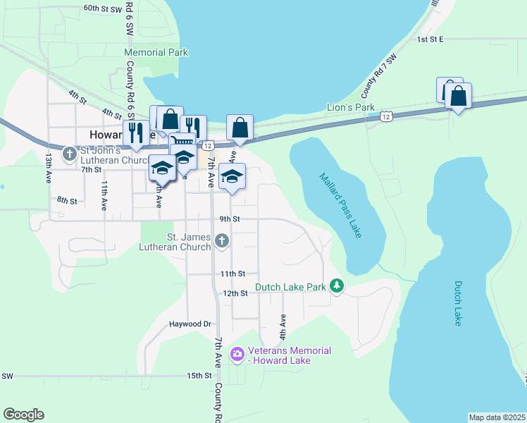 map of restaurants, bars, coffee shops, grocery stores, and more near 800 5th Avenue in Howard Lake
