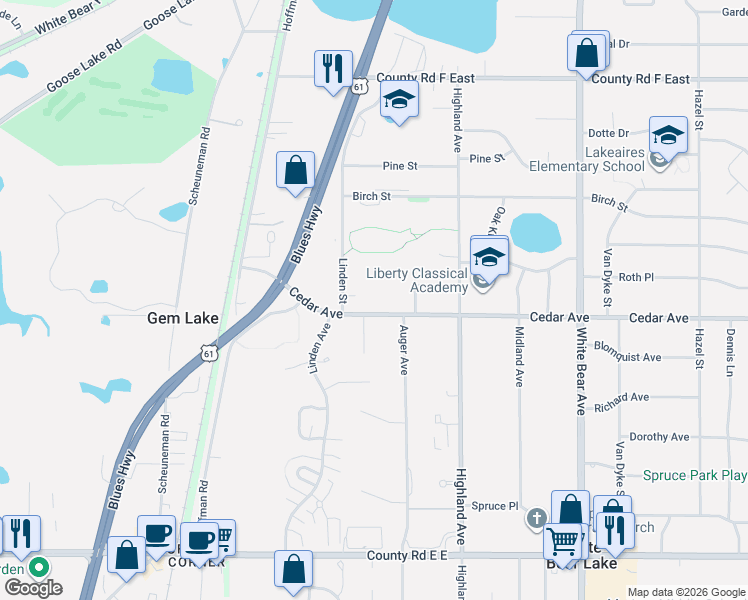 map of restaurants, bars, coffee shops, grocery stores, and more near 1799 Cedar Avenue in White Bear Lake