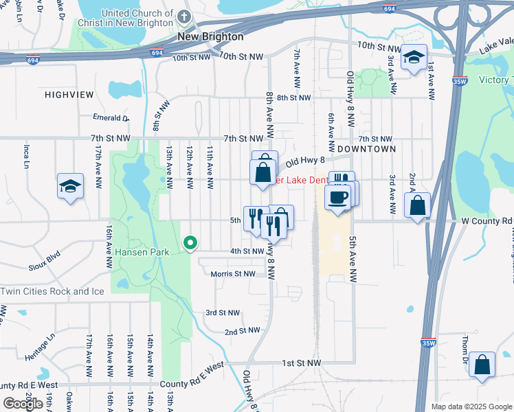 map of restaurants, bars, coffee shops, grocery stores, and more near 527 9th Avenue Northwest in New Brighton