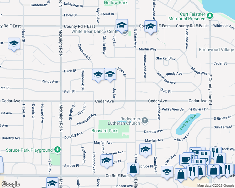 map of restaurants, bars, coffee shops, grocery stores, and more near 3879 Oak Terrace in White Bear Lake