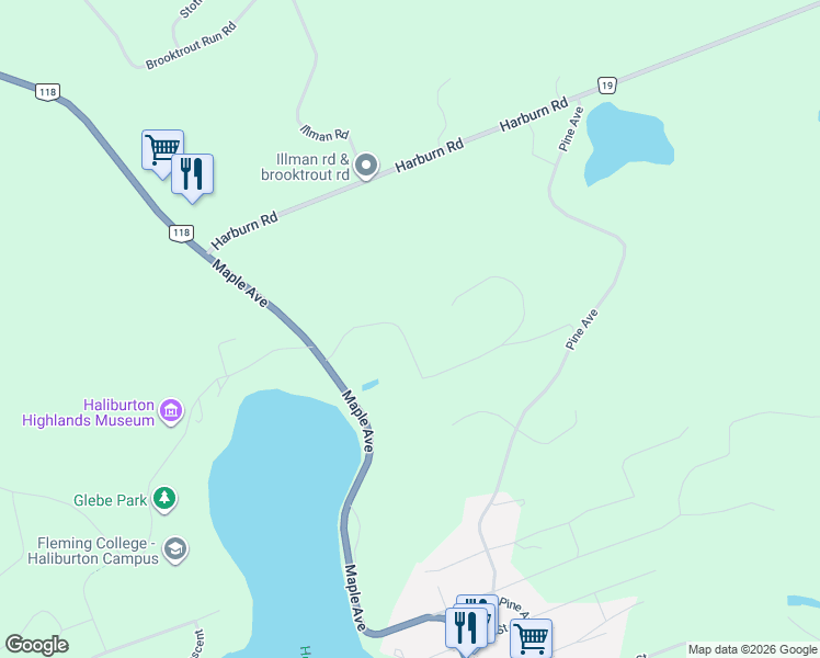 map of restaurants, bars, coffee shops, grocery stores, and more near 49 Harmony Road in Haliburton