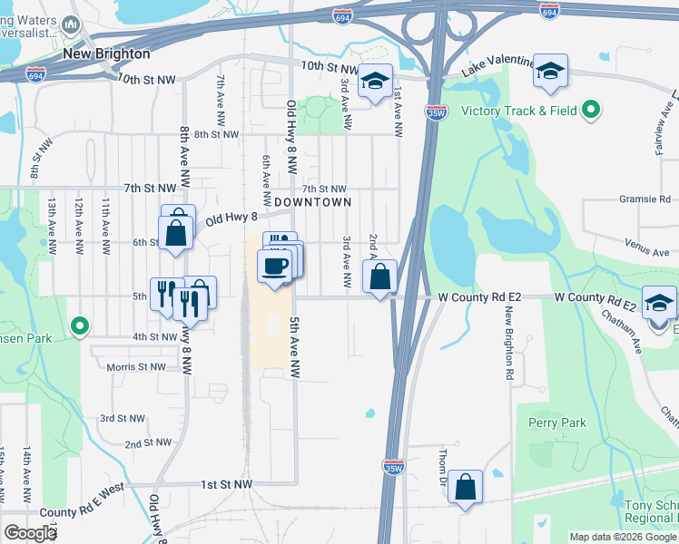 map of restaurants, bars, coffee shops, grocery stores, and more near 557 3rd Avenue Northwest in New Brighton