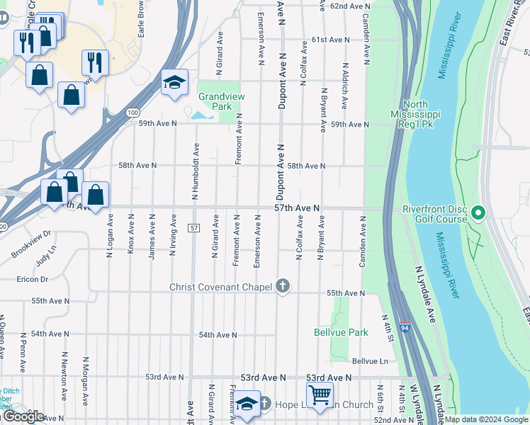 map of restaurants, bars, coffee shops, grocery stores, and more near in Brooklyn Center