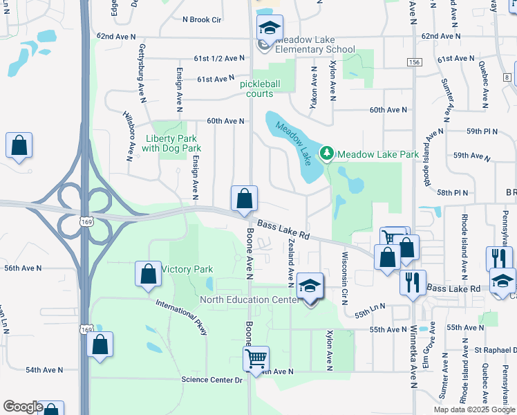 map of restaurants, bars, coffee shops, grocery stores, and more near 5788 Boone Place North in Minneapolis