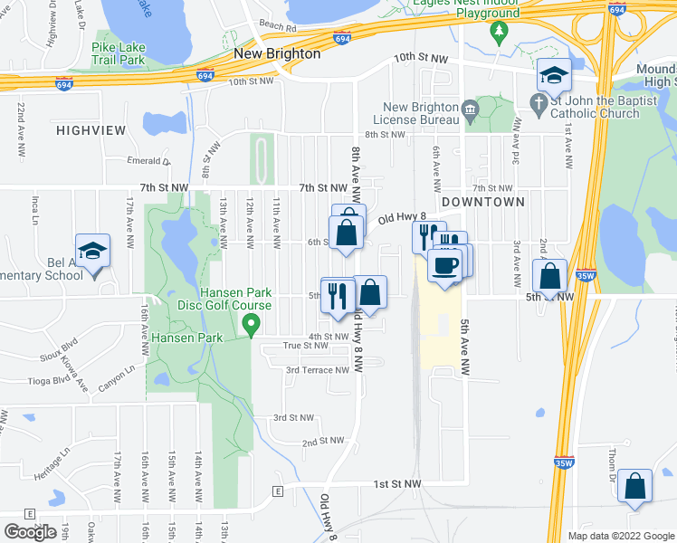 map of restaurants, bars, coffee shops, grocery stores, and more near 556 9th Avenue Northwest in New Brighton