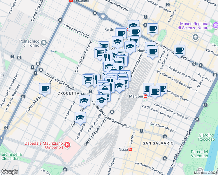 map of restaurants, bars, coffee shops, grocery stores, and more near 50 Via San Secondo in Turin