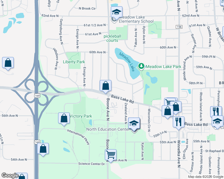 map of restaurants, bars, coffee shops, grocery stores, and more near 5788 Boone Place North in Minneapolis