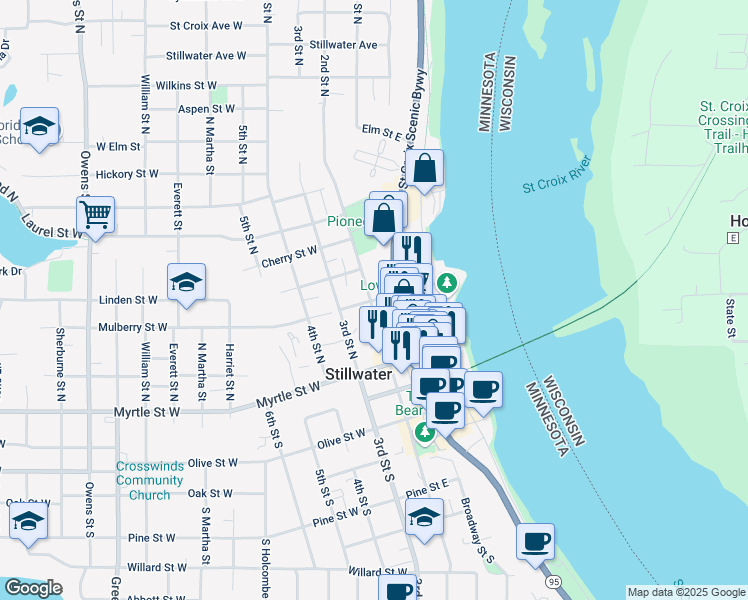 map of restaurants, bars, coffee shops, grocery stores, and more near 220 Mulberry Street East in Stillwater