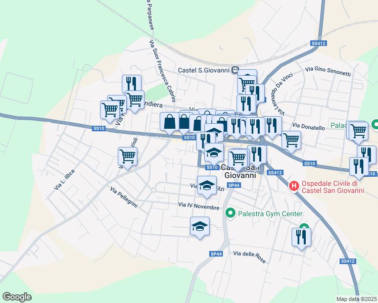 map of restaurants, bars, coffee shops, grocery stores, and more near 11 Vicolo Parmigiani in Castel San Giovanni