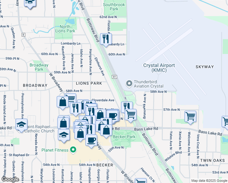 map of restaurants, bars, coffee shops, grocery stores, and more near 5764 Elmhurst Avenue in Minneapolis