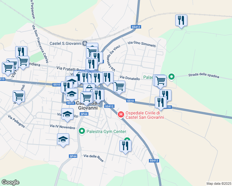 map of restaurants, bars, coffee shops, grocery stores, and more near 9 Via Emilia Piacentina in Castel San Giovanni