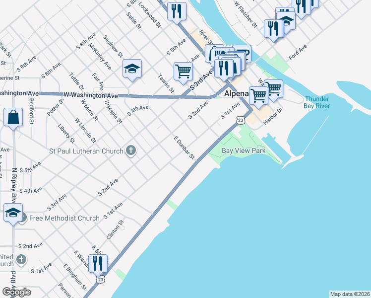 map of restaurants, bars, coffee shops, grocery stores, and more near 398 South 1st Avenue in Alpena